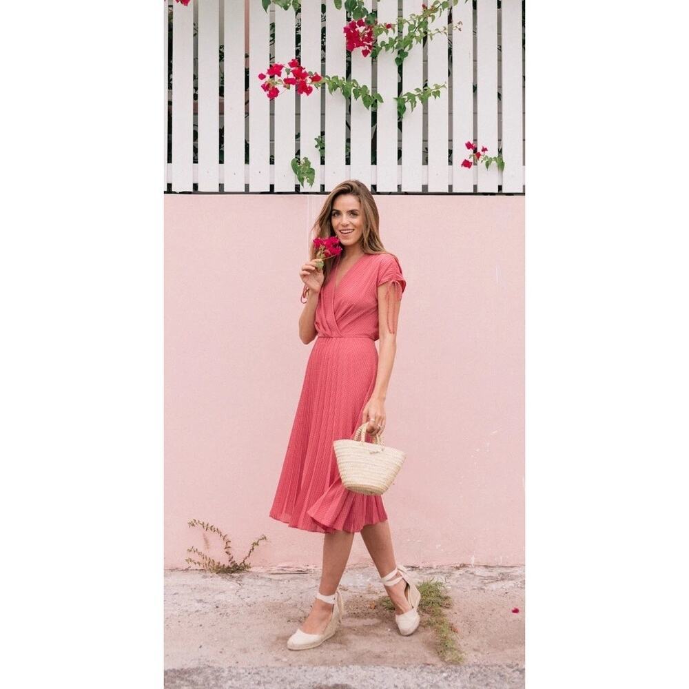 Gal Meets Glam Angelica Rose Pink Pleated Midi Dress Faux Wrap Fit & Flare US 4